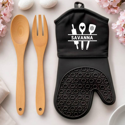 Oven Mitt, Apron, wooden spoon, and fork. Personalized Easter bundle.