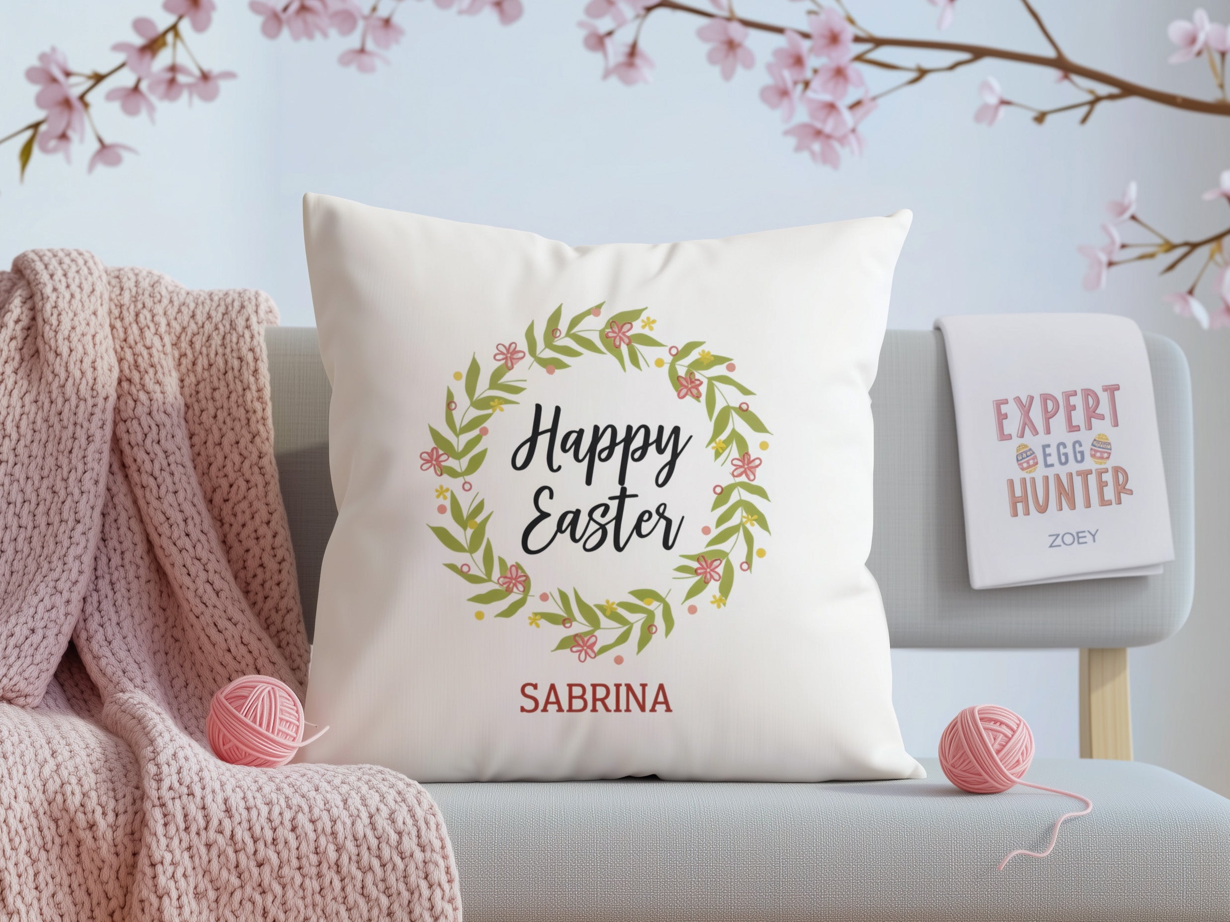 Throw Pillow Cover with Tea Towel. Personalized Easter bundle