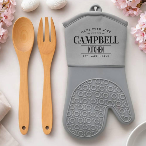 Oven Mitt, wooden spoon, and fork. Personalized bundle.