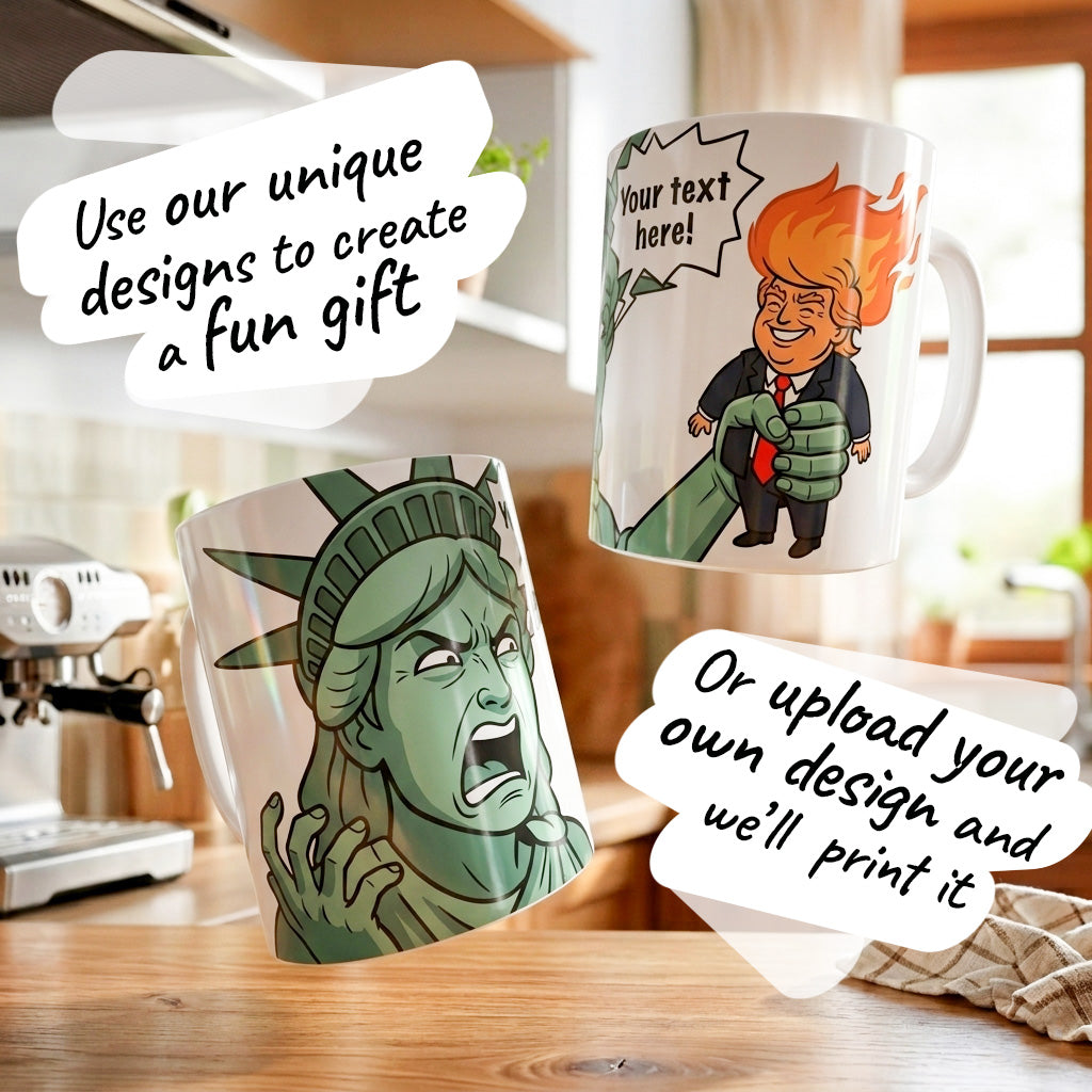Statue of Liberty vs Trump Cartoon. Personalized Funny Gift Mug. America 250th Anniversary.