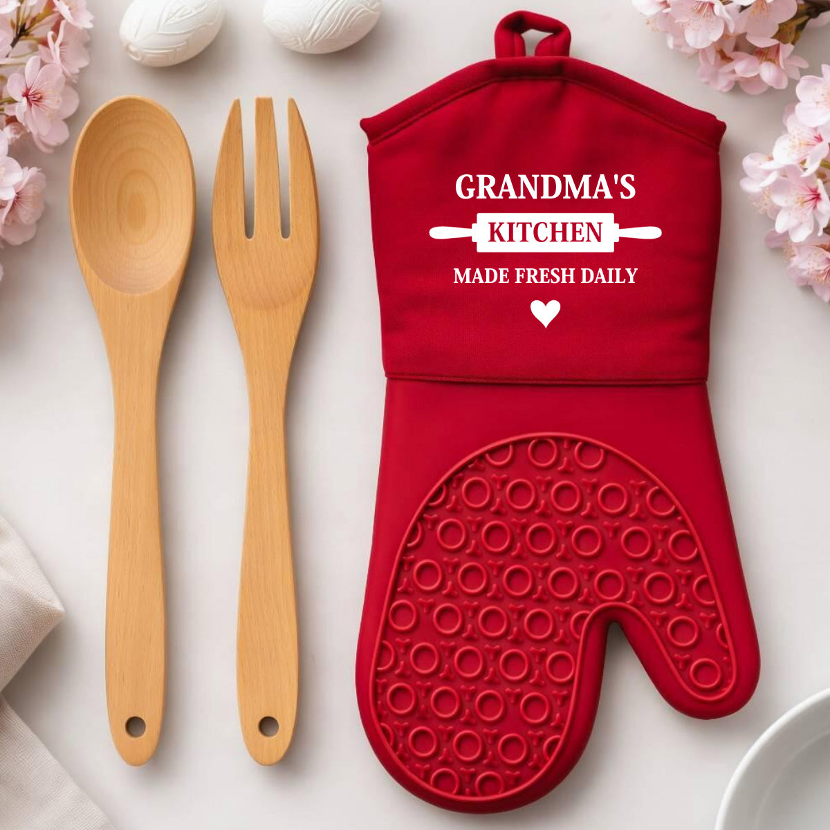 Oven Mitt, Apron, wooden spoon, and fork. Personalized Easter bundle.